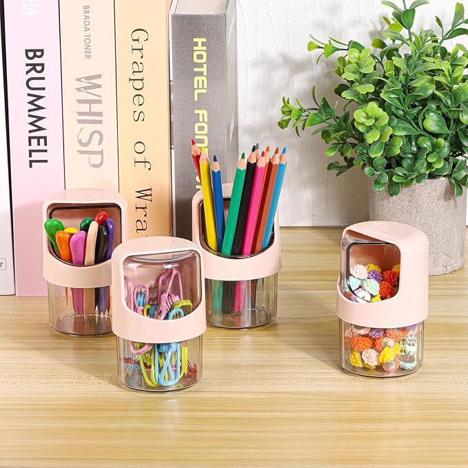 Tbestmax 4 Pack Rotating Qtip Holder Dispenser for Cotton Swabs, Makeup & Hair Accessories, Vanity Organizer with Canisters for Floss Picks, Cotton Balls, Bathroom Essentials Accessories Decor,Pink