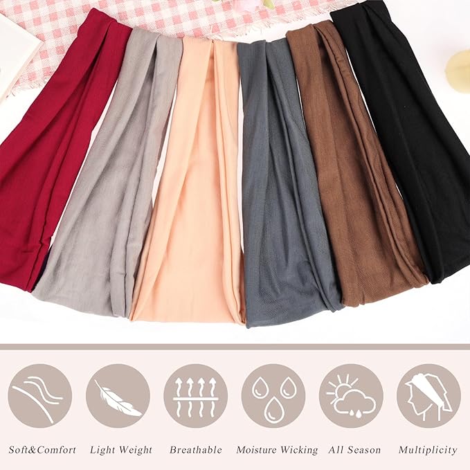XTREND 6 Pcs Headbands for Women, Twisted Cross Elastic Head Bands Yoga Workout Non-Slip Sweat Soft Solid Color Simple Versatile Hair Accessory Hairbands
