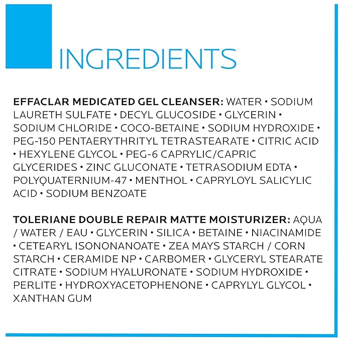 La Roche-Posay Acne Skin Care Set, Toleriane Double Repair Matte Moisturizer 75ml & Effaclar Medicated Gel Cleasner 100ml, Gel Moisturizer with Niacinamide & Acne Cleasner with Salicylic Acid