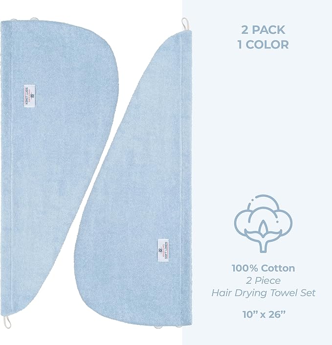 American Soft Linen 100% Cotton Hair Towels for Women, Head Towel Cap, Cotton Hair Turban Towel Wrap for Long Curly Anti Frizz Hair, Soft and Absorbent Cotton Hair Towels 2 Pack, Sky Blue