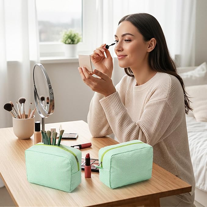 Sanwuta 6 Seersucker Cosmetic Bag Bulk Striped Makeup Bag for Women Aesthetic Cute Travel Toiletry Organizer Preppy Storage Pouch for Wedding Bridesmaid Mother's Day Teacher Gift (Large,Green)