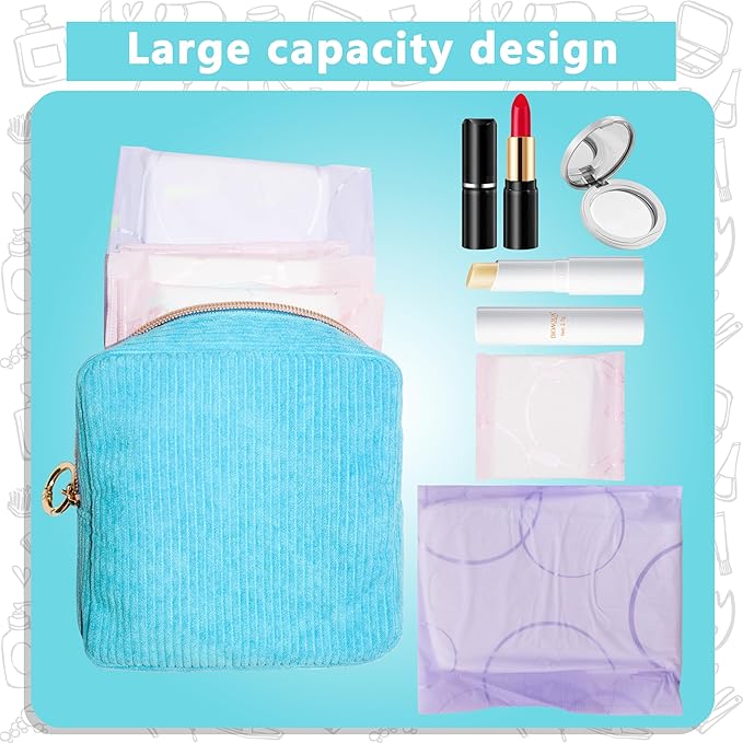 Period Bag for Girls, Corduroy Sanitary Napkin Storage Bag, Period Pouch & Tampon Holder, Feminine Care Organizer（Sky Blue）