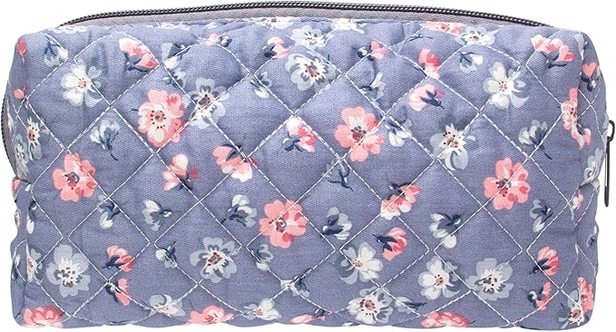 PAZIMIIK Small Quilted Makeup Bag,Zipper Cosmetic Pouch,Grey Floral