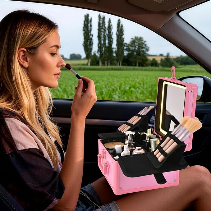 GALHUBIS Makeup Case with Lighted Mirror, Makeup Box Organizer with Detachable LED Mirror, Travel Makeup Train Case, Waterproof Cosmetic Organizer, Standing Brush Holder, Gift, Pink