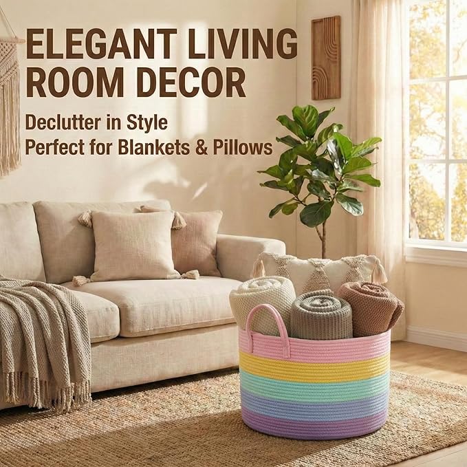 65L Extra Large Blanket Basket for Living Room - Woven Cotton Rope Laundry Hamper with Reinforced Handles - Storage Bin for Pillows, Comforters & Toys - Machine Washable,Rainbow