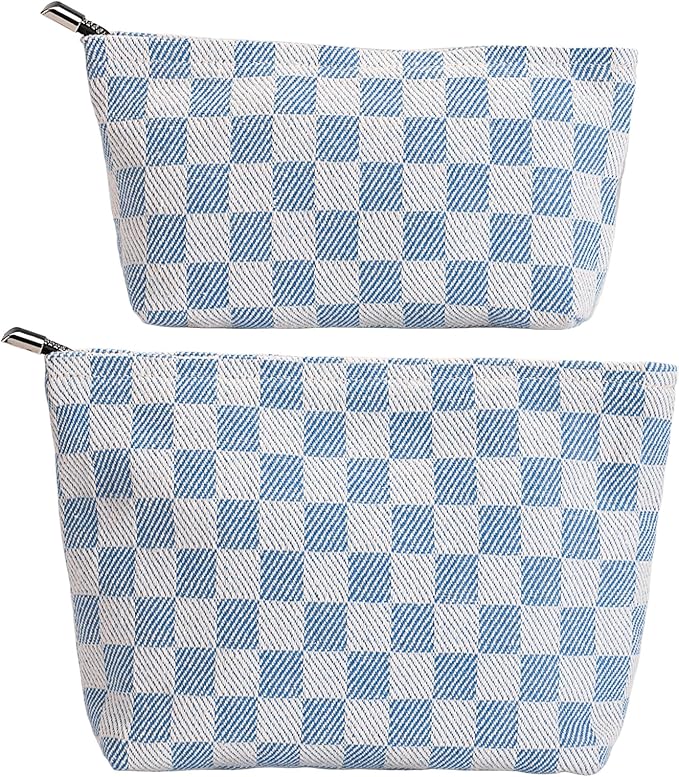 RIKMOXR 2-Pack Blue & White Checkered Makeup Bag Set - Large Capacity Cosmetic Organizer Pouch | Travel Toiletry Bag & Purse Organizer for Women Girls