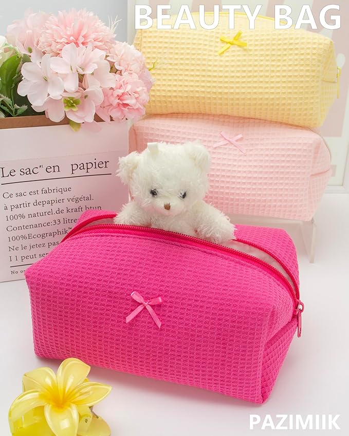 PAZIMIIK Cozy Makeup Bag for Women,Zipper Cosmetic Pouch,Waffle Hotpink