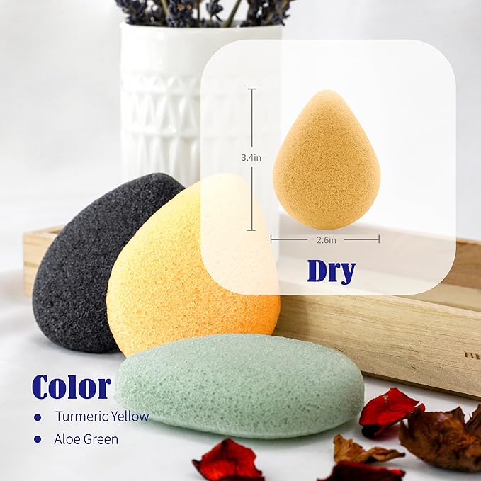 myHomeBody Natural Konjac Facial Sponges – Teardrop Shape - for Gentle Face Cleansing and Exfoliation - with Turmeric Yellow and Aloe Vera, Set of 4
