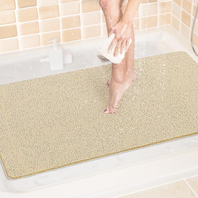 LuxStep Shower Mat Bathtub Mat,40x24 inch, Non-Slip Bath Mat with Drain, Quick Drying PVC Loofah Bathmat for Tub,Shower,Bathroom,Khaki