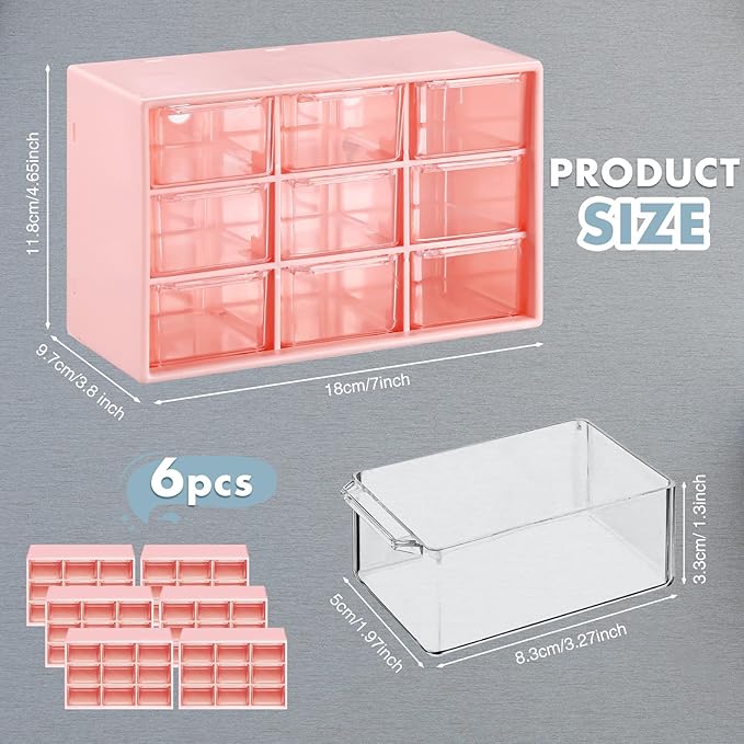 Amyhill 6 Pcs Mini Drawer Organizer Small Organizer with 9 Drawers Plastic Desktop Craft Storage Box for Office Home Room Jewelry Cosmetics Collection(Pink)