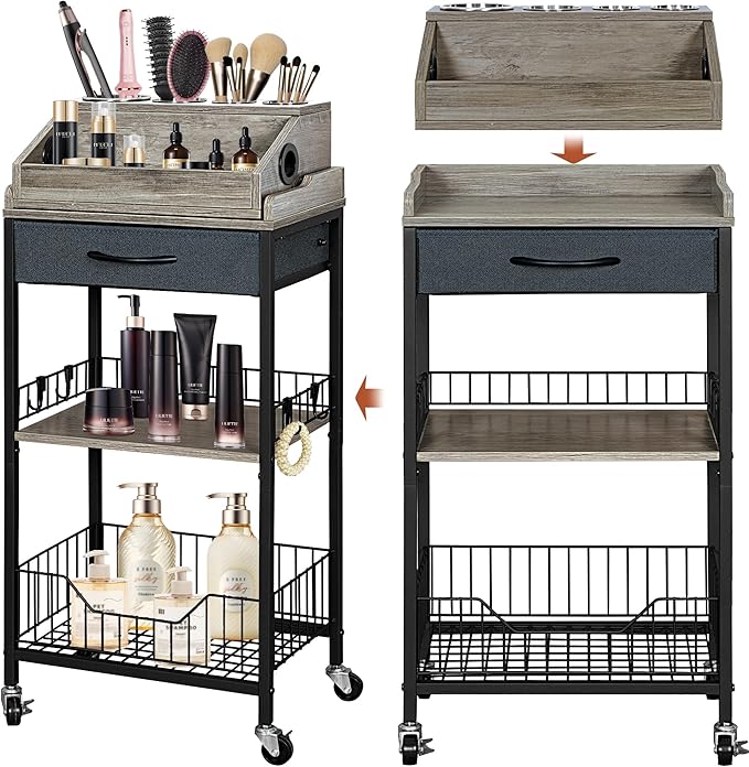 NauwaBarn Makeup Organizer Cart Large, 2-in-1 Beauty Organizer with Wheels & Hair Tool Holder, Makeup Stand with Drawer, Vanity Storage Cosmetics Display Cases for Skin Care Nail Polish Perfume-Black