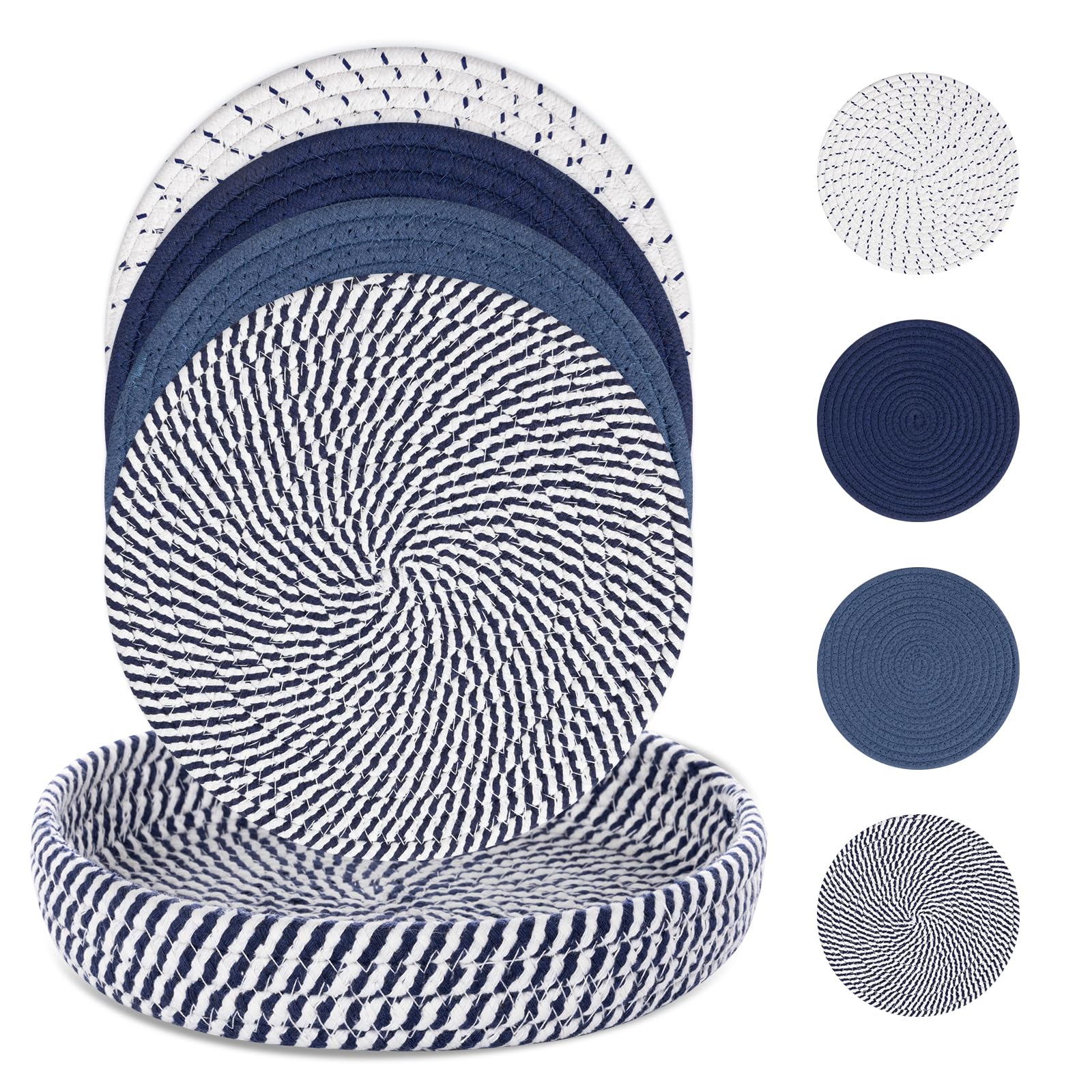 SHACOS 8 Inches Trivets for Hot Dishes, 4 Pieces Cotton Trivets Mats for Kitchen with Storage Basket, Hot Pads for Countertops and Table, Heat-Resistant Pot Holders for Hot Pots and Pans