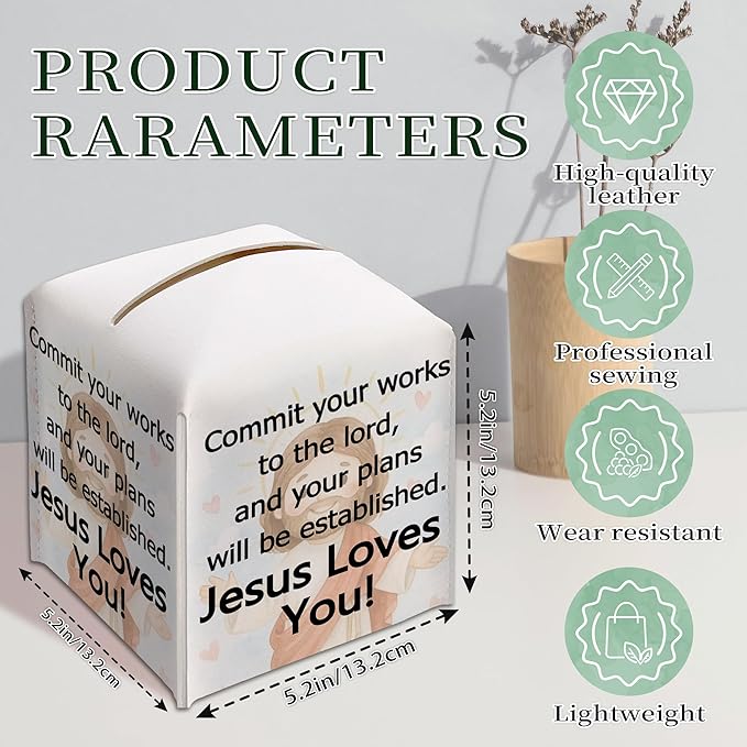 Christian Square Tissue Box Cover, PU Leather Drawstring Bottom - Commit Your Work to the Lord, Appreciation, Farewell, Retirement Gift for Christian Friends, Colleagues | Decorative Organizer