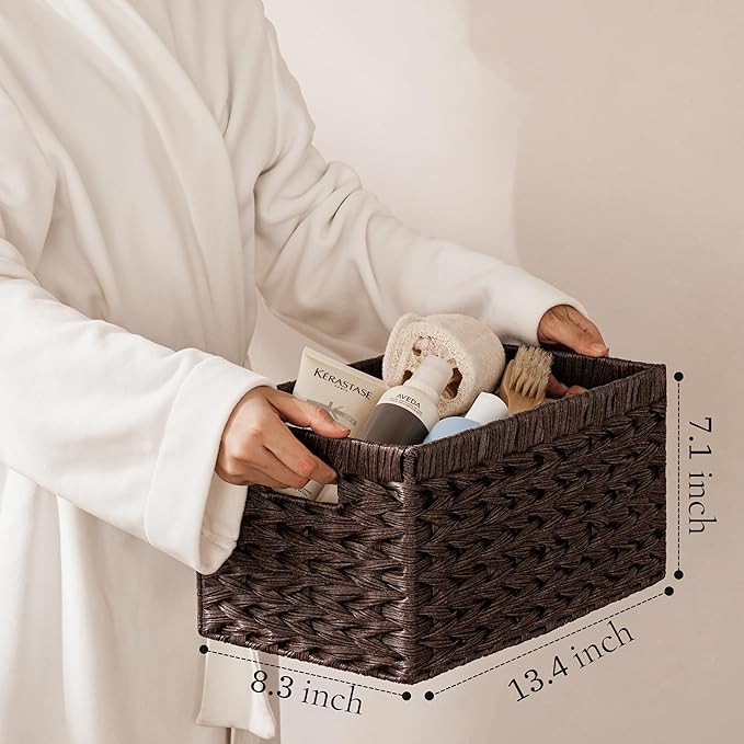 UBBCARE Storage Baskets with Label, Wicker Pantry Baskets for Shelves, Waterproof Woven Basket for Organizing, 2-Pack Plastic Rectangle Organizers with Handles,Dark Brown (13.4L×8.3H×7.1W)