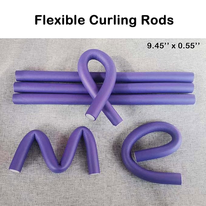 Beyoslf 9.45"x 0.55" Flexible Curling Flexirods, 30Pcs Heatless Bendy Foam Rods for Long, Medium, Short Hair Curls - Purple