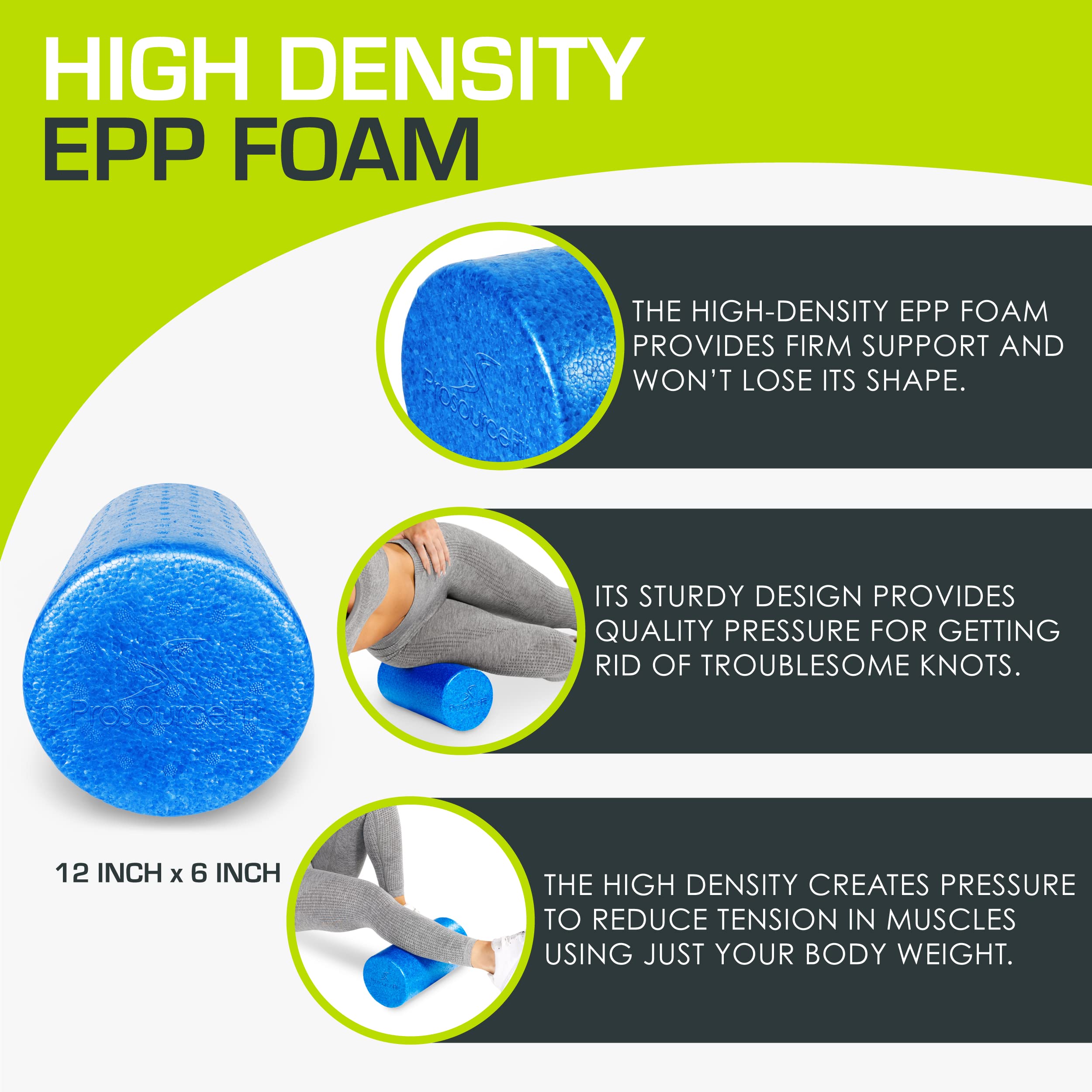 ProsourceFit High Density Foam Rollers 12 - inches long, Firm Full Body Athletic Massager for Back Stretching, Yoga, Pilates, Post Workout Trigger Point Release, Blue