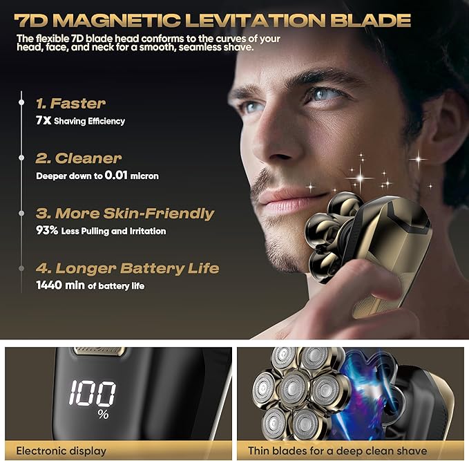 Head Shavers for Bald Men, Electric Razor with 7D Magnetic Shaver Heads, Wet Dry Waterproof Bald Head Trimmer Kit for Women & Men, Nose Ear Hair Trimmer, USB Rechargeable Clippers, Bright Black