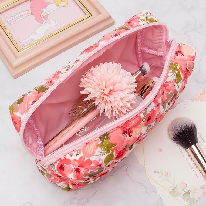 PAZIMIIK Small Quilted Makeup Bag,Zipper Cosmetic Pouch,Floral Red