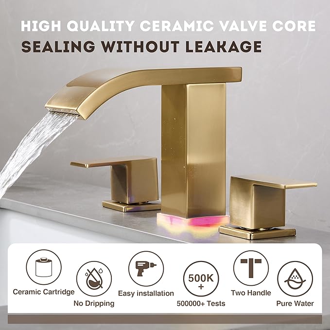 Brushed Gold Waterfall Bathroom faucets, 8 inch Widespread Modern Sink Faucet, Touch on 3 Hole 2 Handle Vanity,Gold Bathroom Sink Faucet with LED