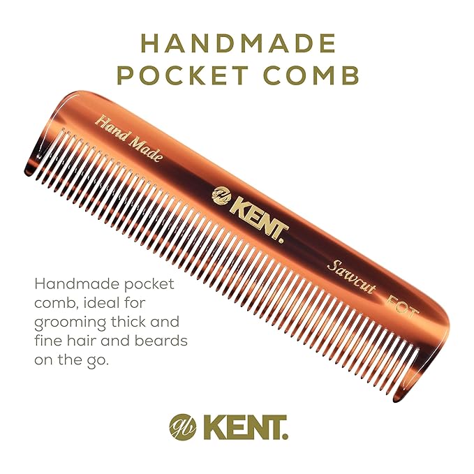 Kent FOT Fine Tooth Handmade Pocket Comb for Men, Women and Kids, Hair Comb Straightener for Everyday Grooming and Styling, Beard and Mustache, Saw Cut, Hand Polished, Made in England