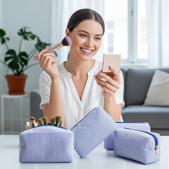 Sanwuta 12 Pcs Seersucker Cosmetic Bags Bulk Seersucker Makeup Bags Stripe Women Pouch Large Preppy Storage Pouch Toiletry Travel for Wedding Bridesmaid Bride Favor Back to Teacher Gift (Blue)