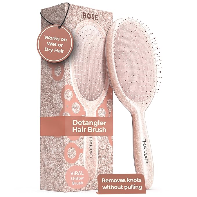 FRAMAR Glitter Hair Brush Detangler, Detangling Hairbrush For Women, Wet Hair Brush For Girls, Hair Detangler Brush, Wet Hairbrush, Hairbrushes, Reduces Frizz – Rosé