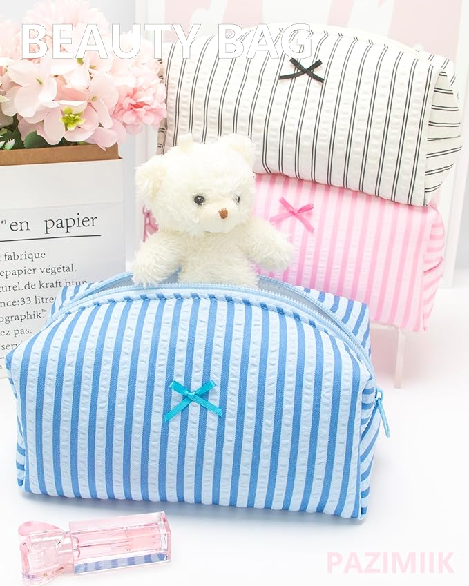 Cozy Makeup Bag for Women,Zipper Cosmetic Pouch,Stripe Lake Blue,2 Pack