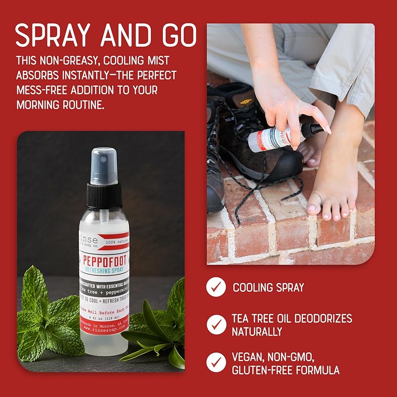 Rinse Bath & Body Peppofoot Natural Cooling Foot Spray for Sore, Tired Feet, Peppermint & Tea Tree Essential Oil Mist, Handmade, 4 fl oz