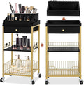 NauwaBarn Large Makeup Organizer Cart with Hair Tool Holder, Rolling Makeup Cart with Drawer, 2-in-1 Vanity Organizer Cosmetic Display Cases for Skin Care Perfume Nail Polish Brush Tools, Gold & Black