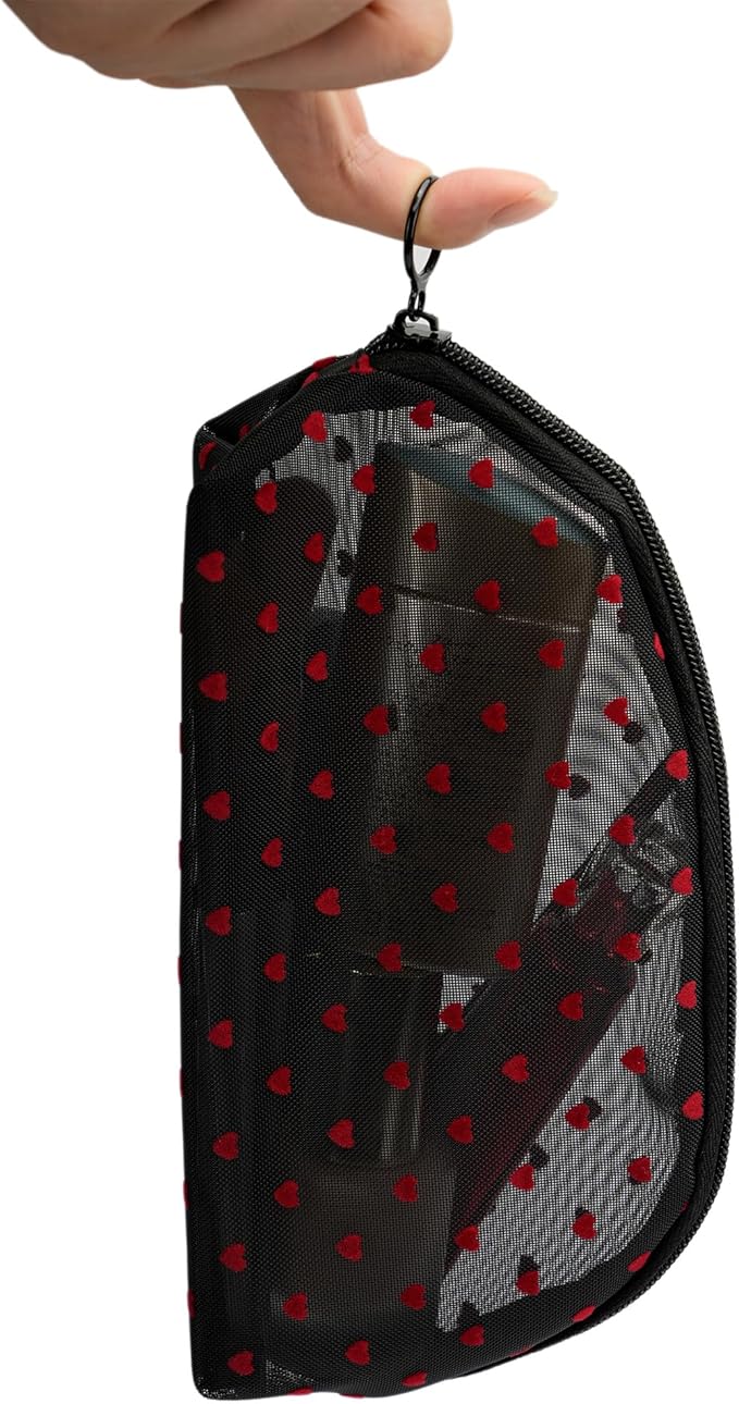 TOPASION Portable Mesh Makeup Bag with Zipper Small Travel Toiletry Bag Lightweight Cosmetic Pouch (Black&Red Heart Half Round)