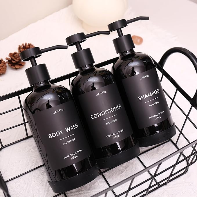 Janxin Shampoo and Conditioner Dispenser Set of 3,Refillable 21oz Shampoo Bottles with Non-Slip Protective Silicone Pad,Shower Soap Dispenser with Waterproof Labels for Bathroom (Black)
