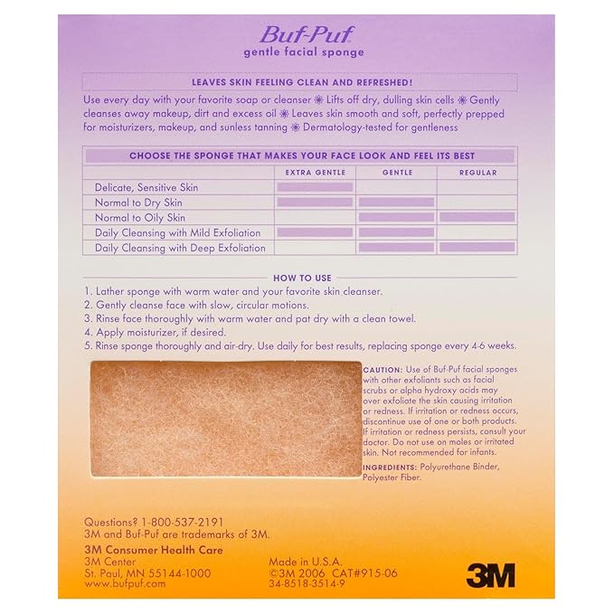 Buf-Puf Gentle Facial Sponge, Dermatologist Developed, Removes Deep Down Dirt & Makeup That Causes Breakouts and Blackheads, Reusable, Exfoliating, 1 Count