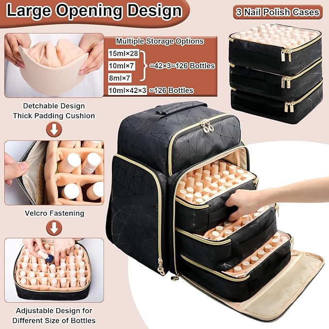 ahzske Nail Polish Organizer Backpack Holds 126 Bottles& Nail Lamp, Extra Large Nail Kit Supplies Organizer Bag with 3 Removable Cases, Portable Nail Organizers and Storage for Trave (Elegant Black)