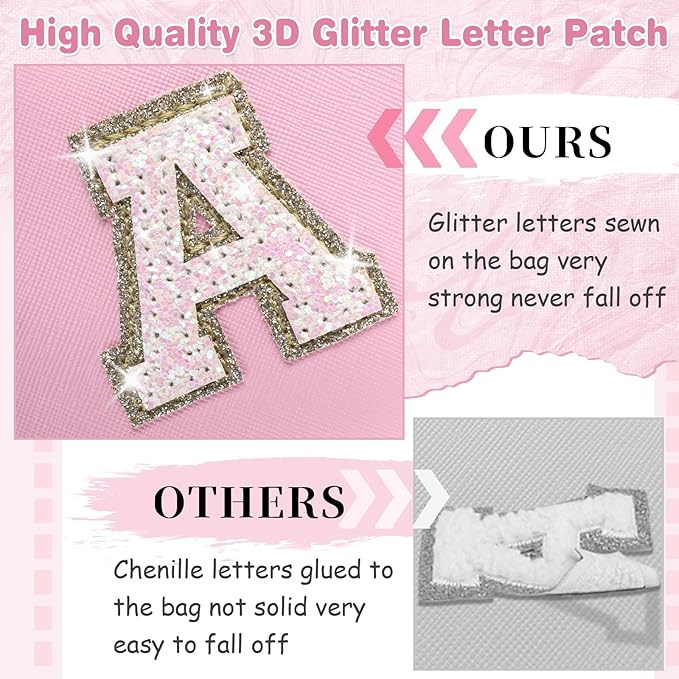 Small Personalized Initial A-Z Patch Makeup Bag,Pink Cute PU Leather Glitter Letter Cosmetic Bag for Teen Girls,Travel Toiletry Bag with Zipper,Preppy Monogrammed Birthday Gift for Daughter Niece L