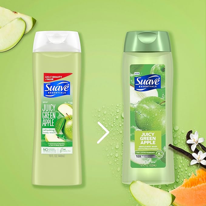 Suave Moisturizing Body Wash, with Juicy Apple and Vitamin E Extract, No Parabens, No Phtahaltes, 18 Oz Pack of 6