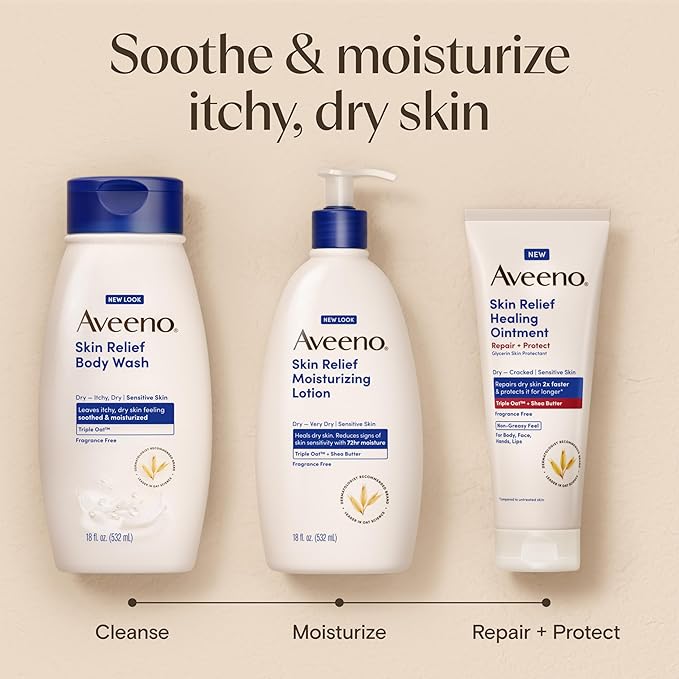 Aveeno Skin Relief Moisturizing Body Lotion Heals Very Dry, Sensitive Skin, Fast Absorbing Lotion with Soothing Triple Oat & Shea Butter Formula, Fragrance Free Lotion, Non-Comedogenic, 18 Fl Oz