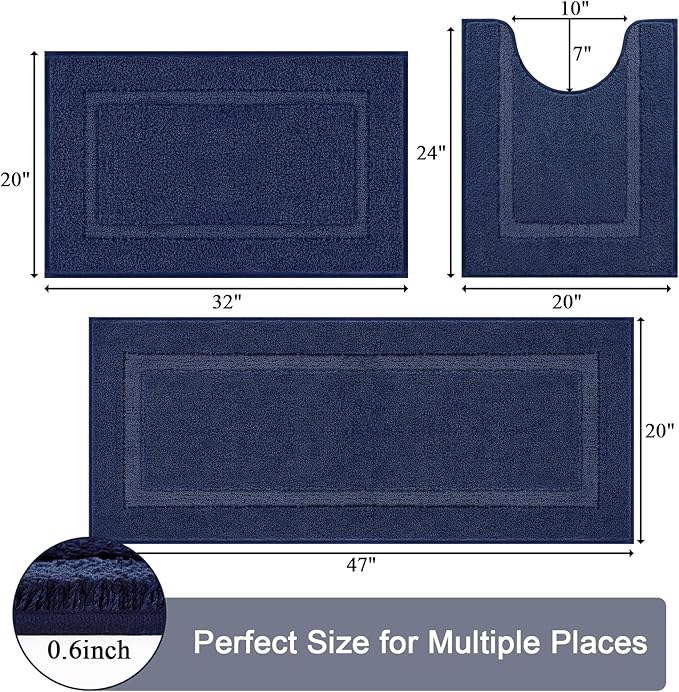 SHACOS Navy Blue Bathroom Rugs Sets 3 Piece Bath Mat U Shaped Toilet Rug