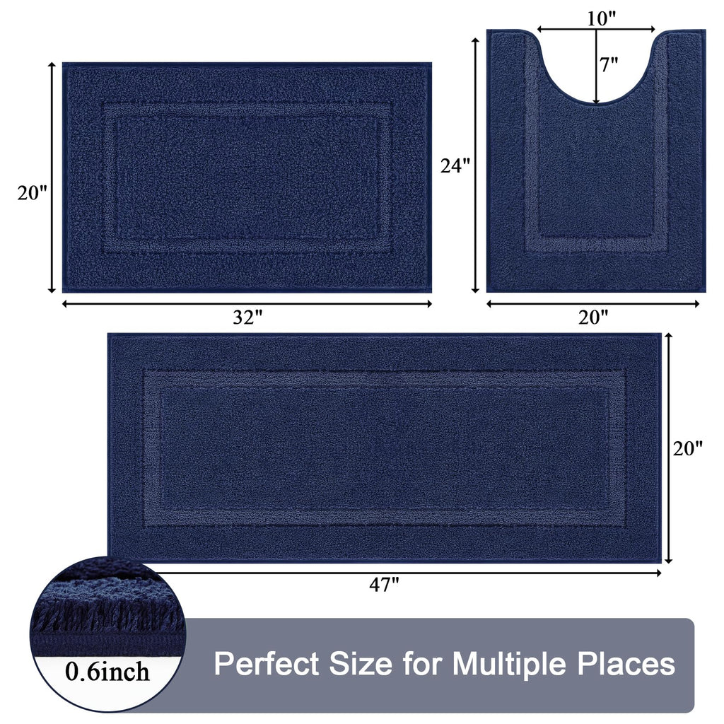 SHACOS Navy Blue Bathroom Rugs Sets 3 Piece Bath Mat U Shaped Toilet Rug