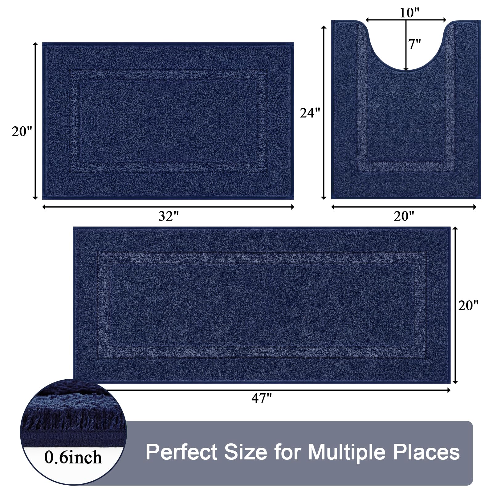 SHACOS Navy Blue Bathroom Rugs Sets 3 Piece Bath Mat U Shaped Toilet Rug