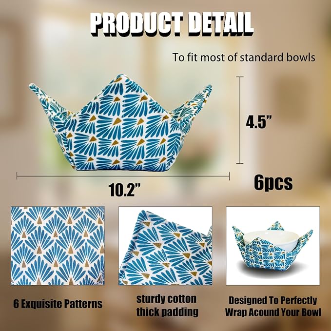 JounLoin Cotton Microwavable Bowl Cozy ，Set of 6，Microwave-Safe Hot Bowl Holders, Soup Bowl Cozy Hot Pads，Prevent Hand from Heat and Maintain Food Warm，Ideal Household Gift Store (E)