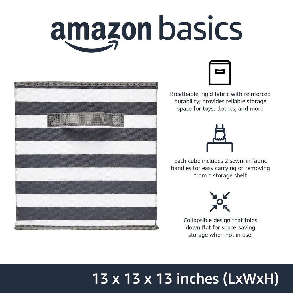 Amazon Basics Collapsible Fabric Storage Bins with Handles, Cube Organizer for Organizing, 13"x13"x13", White/Light Grey Stripe, 6-Pack