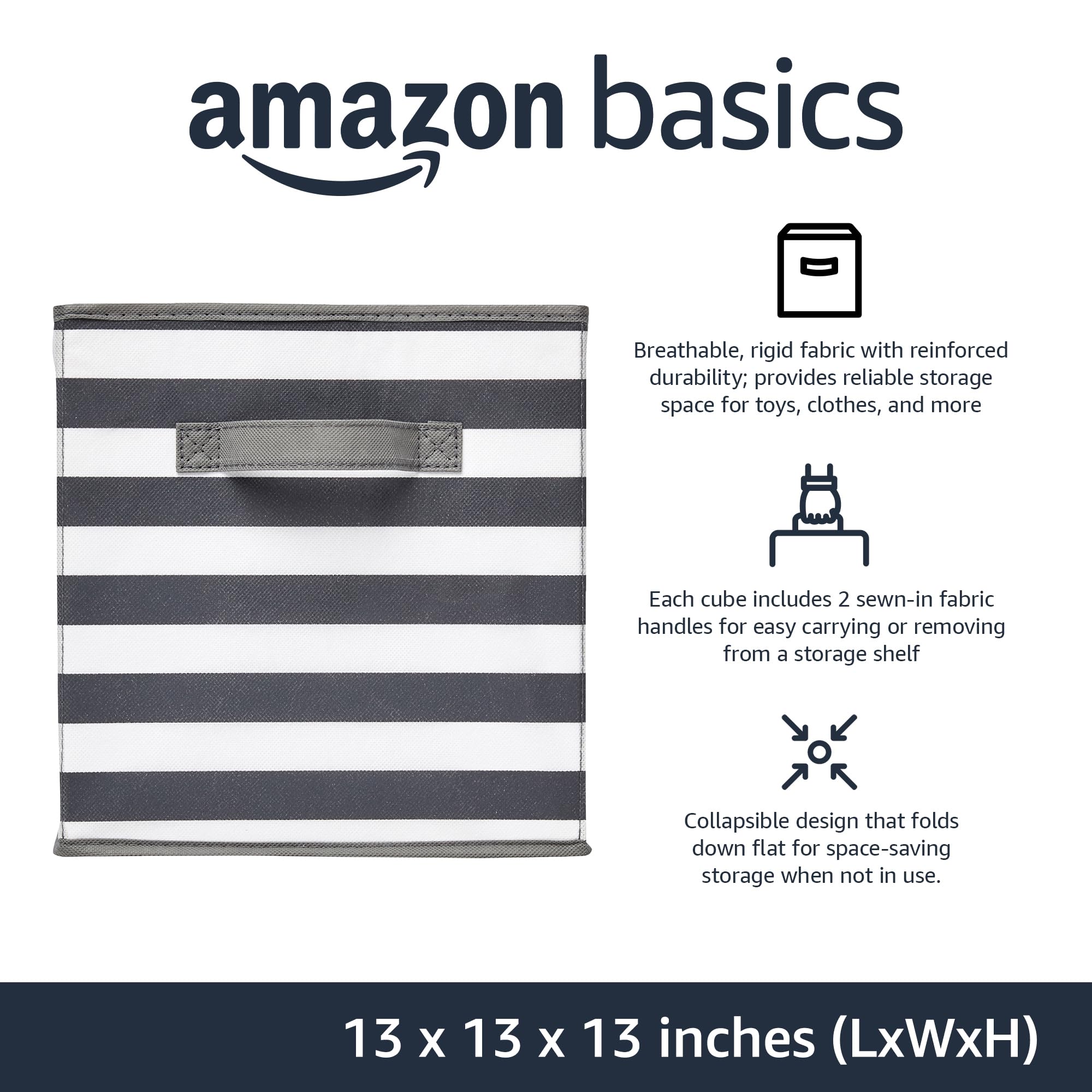 Amazon Basics Collapsible Fabric Storage Bins with Handles, Cube Organizer for Organizing, 13"x13"x13", White/Light Grey Stripe, 6-Pack