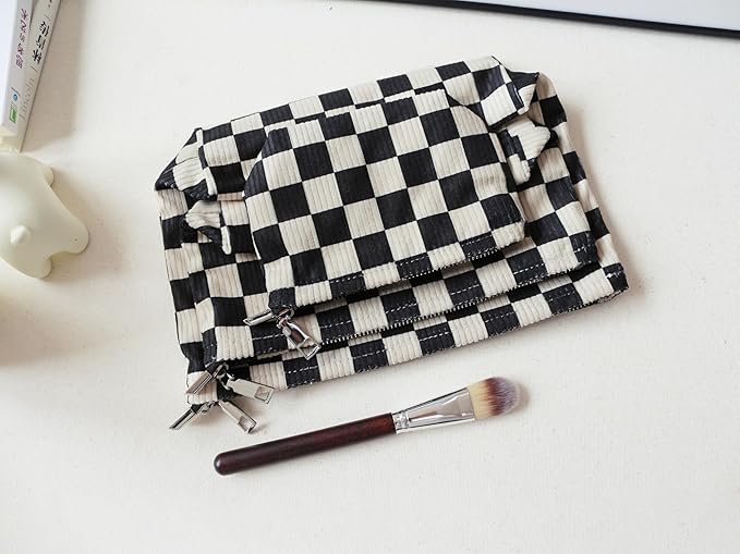 HAPPYHEIDI Checkered Corduroy Makeup Bag Set 3 Women Cosmetic Toiletry Travel Pouch Purse Accessory Organizer, 3-Size, Vintage Black Tan-White