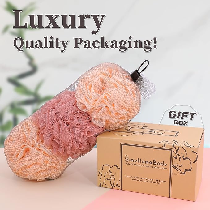 myHomeBody Large 70g Loofah Sponge, 2 Peach + 1 Coral Red, 3 Pack