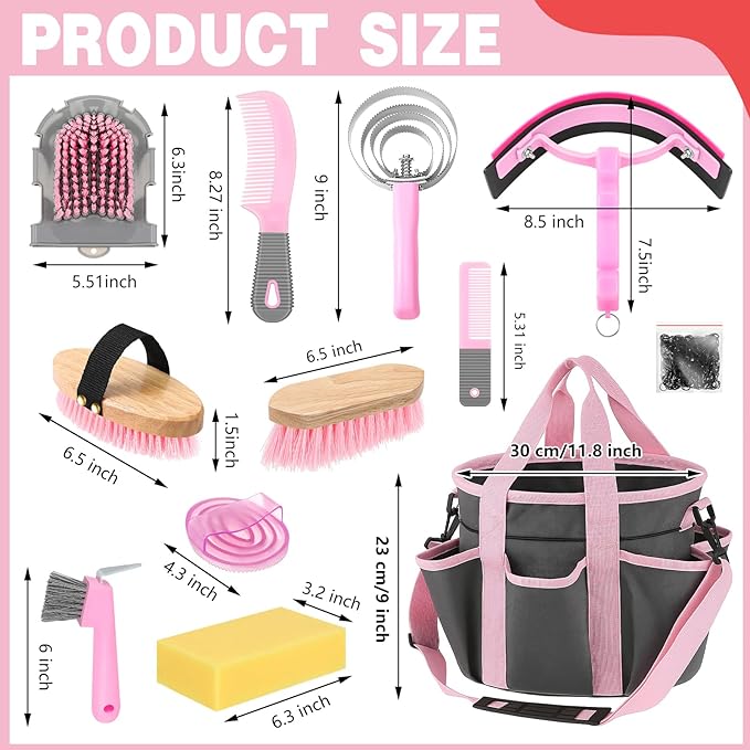 Abbylike 12 Pieces Horse Grooming Kit with Organizer Tote Bag Tack Room Supplies Horse Brush Sets Equine Care Cleaning Kit Shedding Grooming Massaging Tools (Grey and Pink)