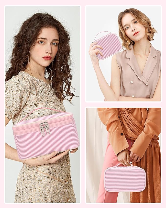 Relavel Travel Makeup Bag, Small Pink Cosmetic Bag with 2 Makeup Brush Holders, Portable Compact Makeup Pouch for Women, Cute Toiletry Bag with Double Layer Organizer, Pink Strip