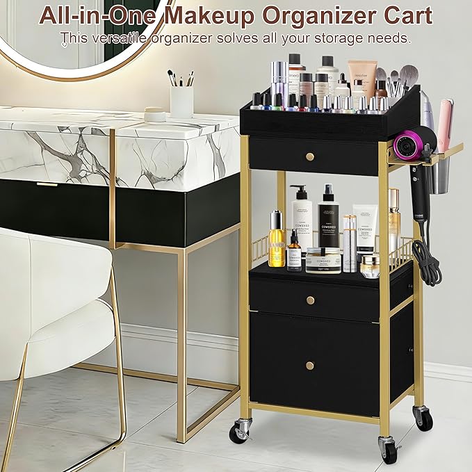 NauwaBarn Makeup Organizer Cart with 3 Drawers, Rolling Vanity Organizer with Detachable Hair Tool Holder & Wheels, Floor Makeup Storage Cart for Skincare, Perfume, Nail Polish, Gold & Black