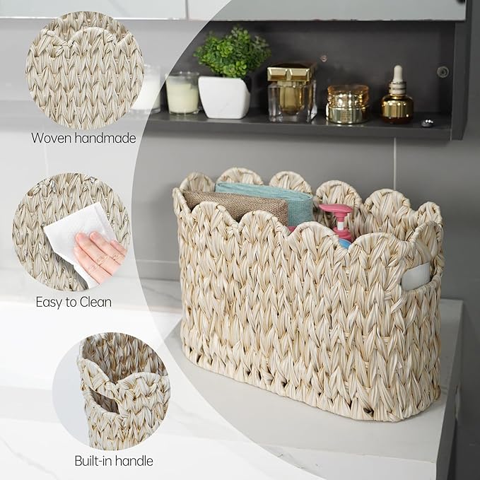 Coeusy Toilet Paper Storage Basket,Boho Decorative Scalloped Baskets,Coastal Bathroom Decor,Hand-Woven Plastic Wicker Bathroom Accessories Organizer