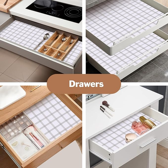 Shelf Liners for Kitchen Cabinets 12in x 20FT, Non Adhesive Drawer Liner White Square Thickened Shelf Liner Non-Slip Easy to Clean for Tool Box Refrigerator with Knife and Tape Measure