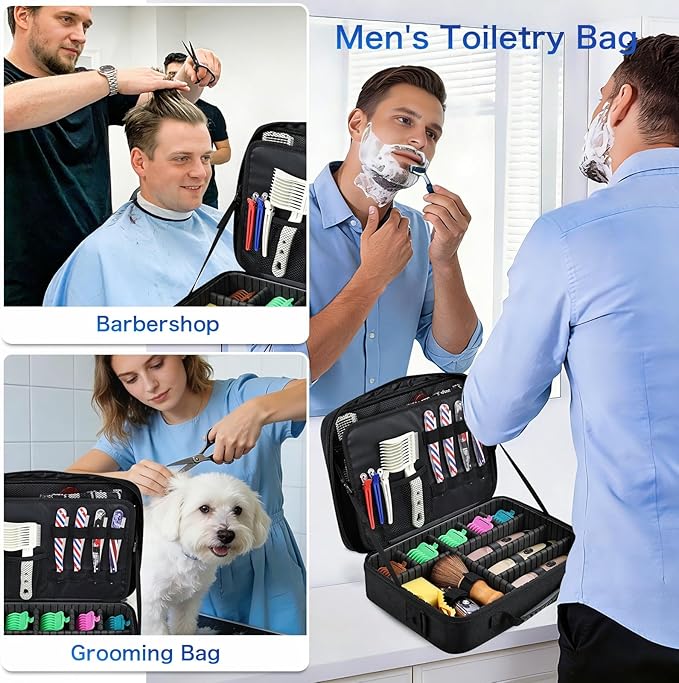 Yueieoun Professional Barber Clipper Case Organizer Bag with Adjustable Dividers, Detachable 6-Slot Scissors Panel, Travel Grooming Tool Storage - Fits Wahl/Andis/Hatteker